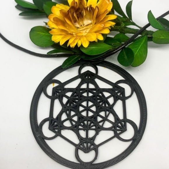 Handmade New 3D Printed Black Metatron Cube Sterling Silver Leather Necklace - Picture 7 of 15